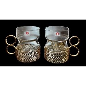 Set Of 2 Iittala Finland Tsaikka Glasses Metal Holder Timo Sarpaneva 8 oz